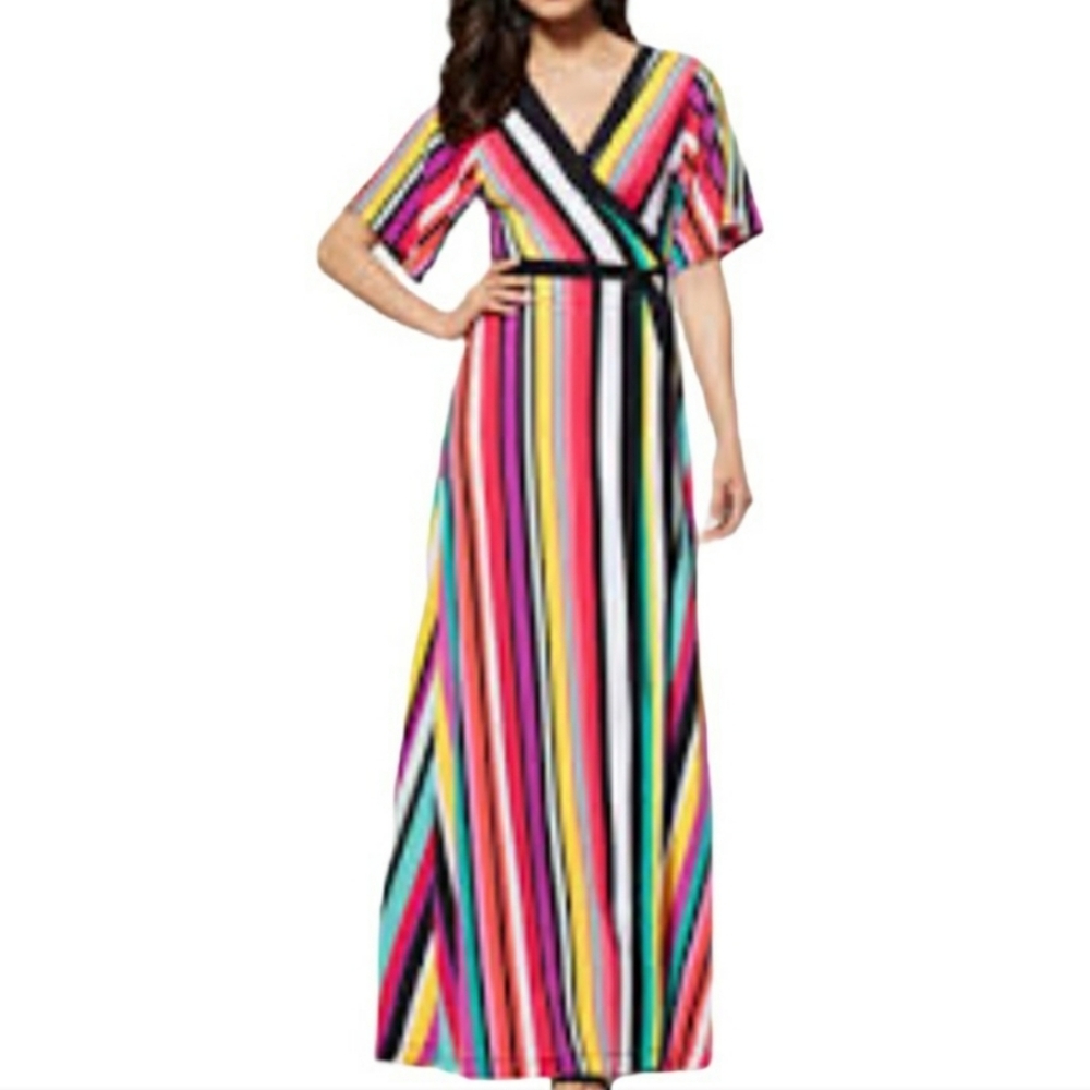New York and Company Maxi Wrap Dress Size Small Stretch Rainbow Striped Eclectic